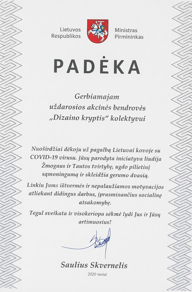 Letter of Appreciation from the Prime Minister of the Republic of Lithuania