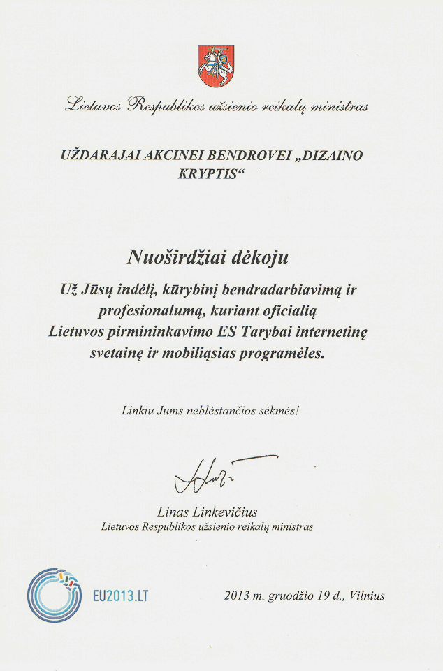 Letter of Appreciation from the Minister of Foreign Affairs of the Republic of Lithuania